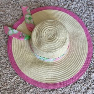 Lilly Pulitzer - Pink Straw Summer Spring Floppy Beach Sun Hat with Pattern Tie